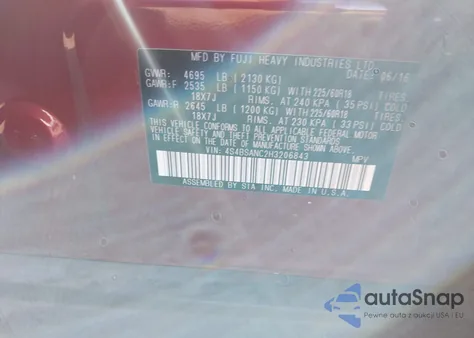 2017 Subaru Outback 2.5I Limited из США, поврежденный, VIN 4S4BSANC2H3206843